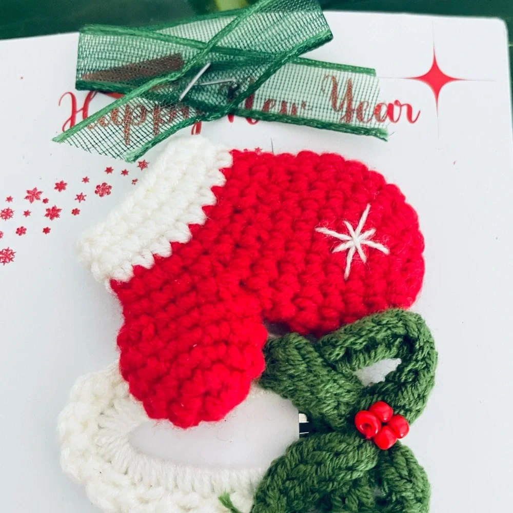 Artisan handcrafted holiday Christmas crochet hair clips Tree, mitten, bows New